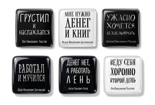 Ужасно хочется бездельничать. Набор стикеров с ироничными цитатами писателей с авторством (6 шт., 4 черные, 2 белые)