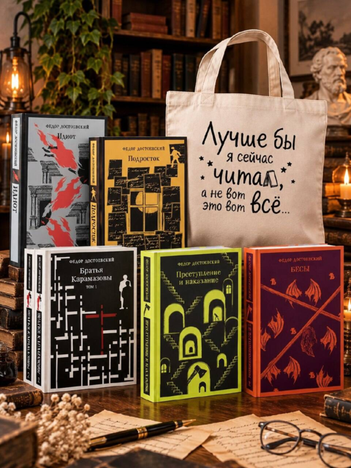 Великое пятикнижие Ф. М. Достоевского с шоппером (комплект из 5 книг: Преступление и наказание, Братья Карамазовы, Идиот, Подросток, Бесы, и шоппера)